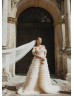 Off Shoulder Champagne Tulle Ruffled Luxurious Wedding Dress